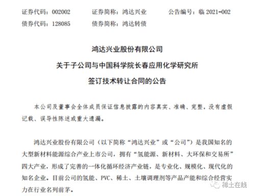 鴻達(dá)興業(yè)攜手新達(dá)茂稀土，引進(jìn)中科院長春應(yīng)化所核心專利技術(shù)，加速稀土產(chǎn)業(yè)技術(shù)升級